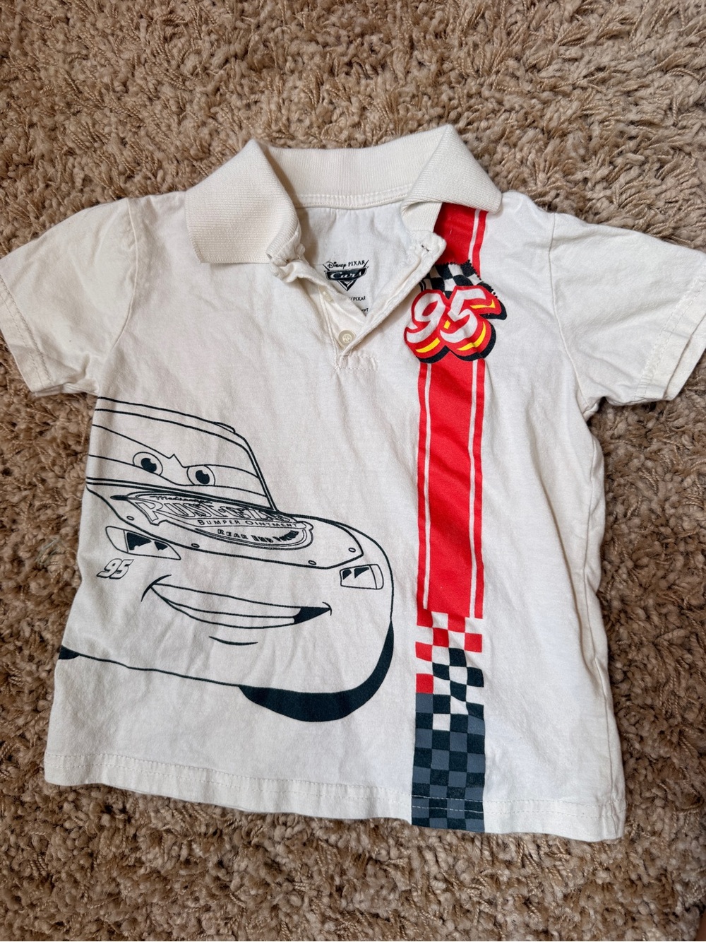 Disney White Polo with Red Racing Stripe and Lightning McQueen